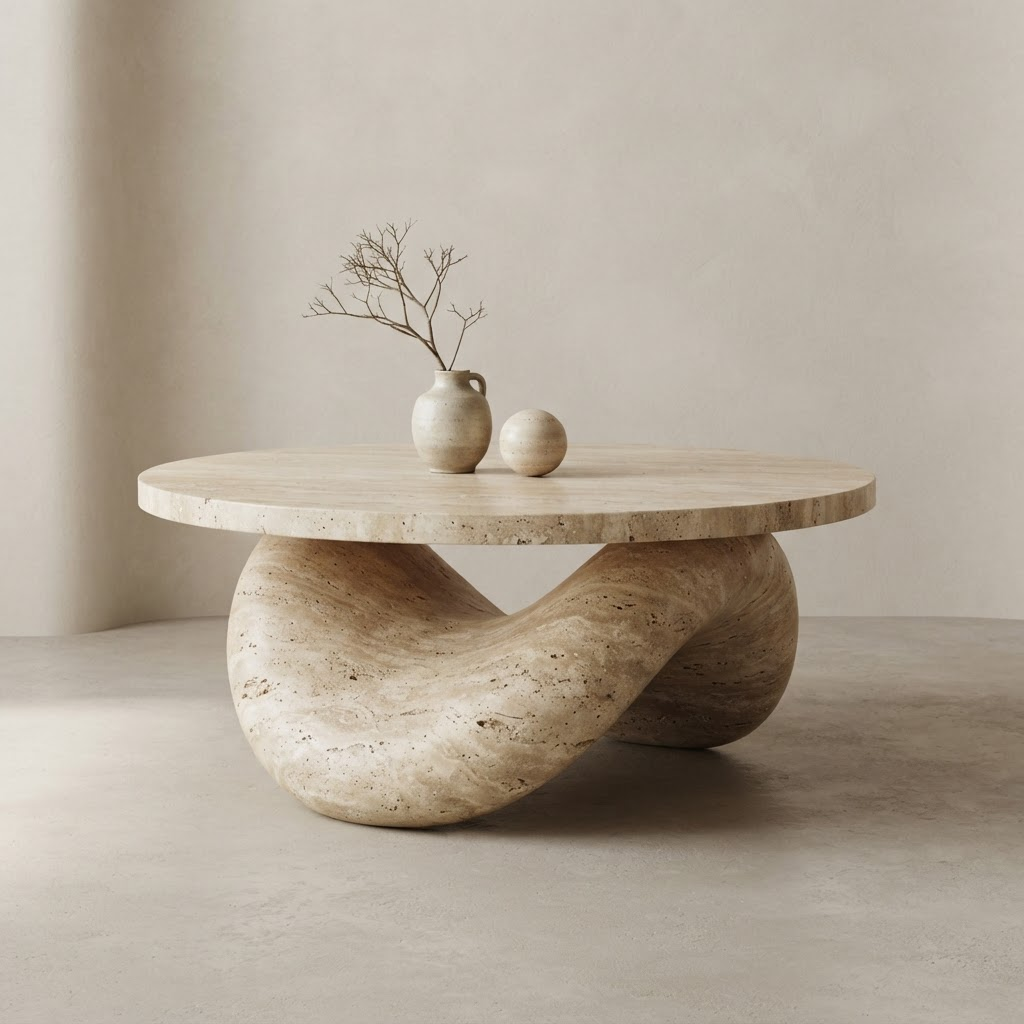 Travertine stone coffee table with organic curved base